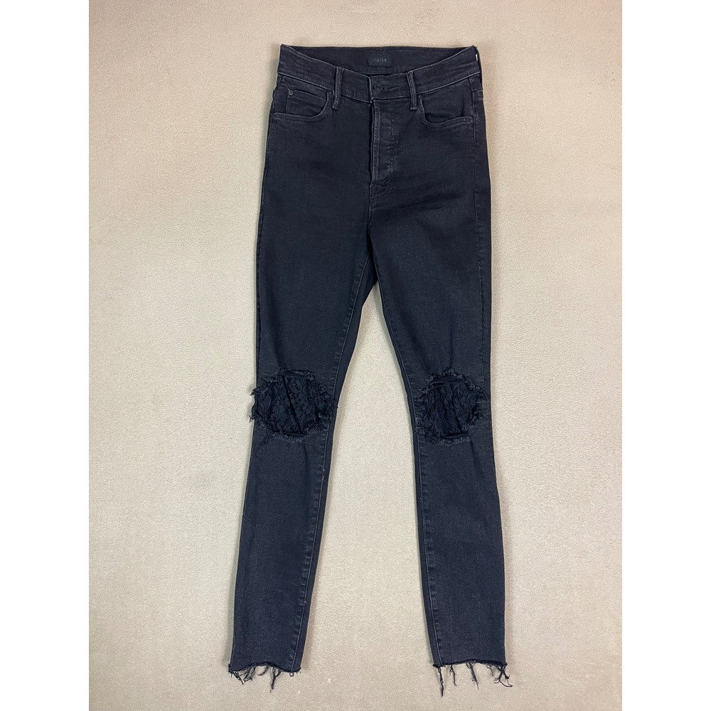 MOTHER The Super Stunner Ankle Fray Black Distressed Knee Skinny‎ Jeans Size 25